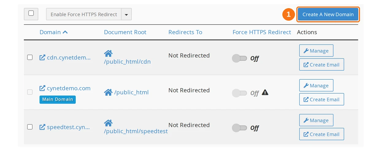 The cPanel domain list with the Create A New Domain button highlighted