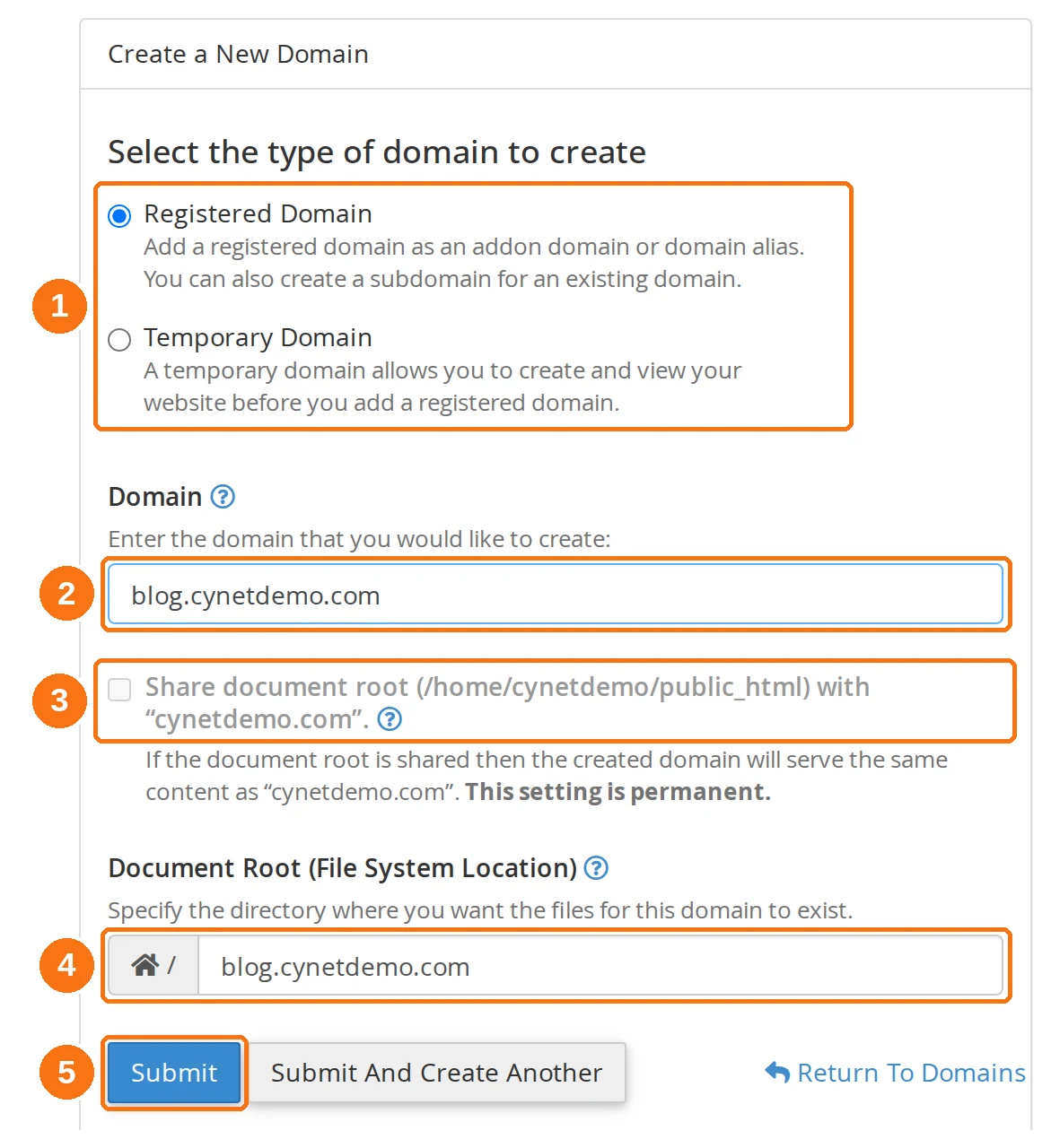 The Create a New Domain form with the domain type, domain name, shared document root checkbox, document root and Submit button highlighted