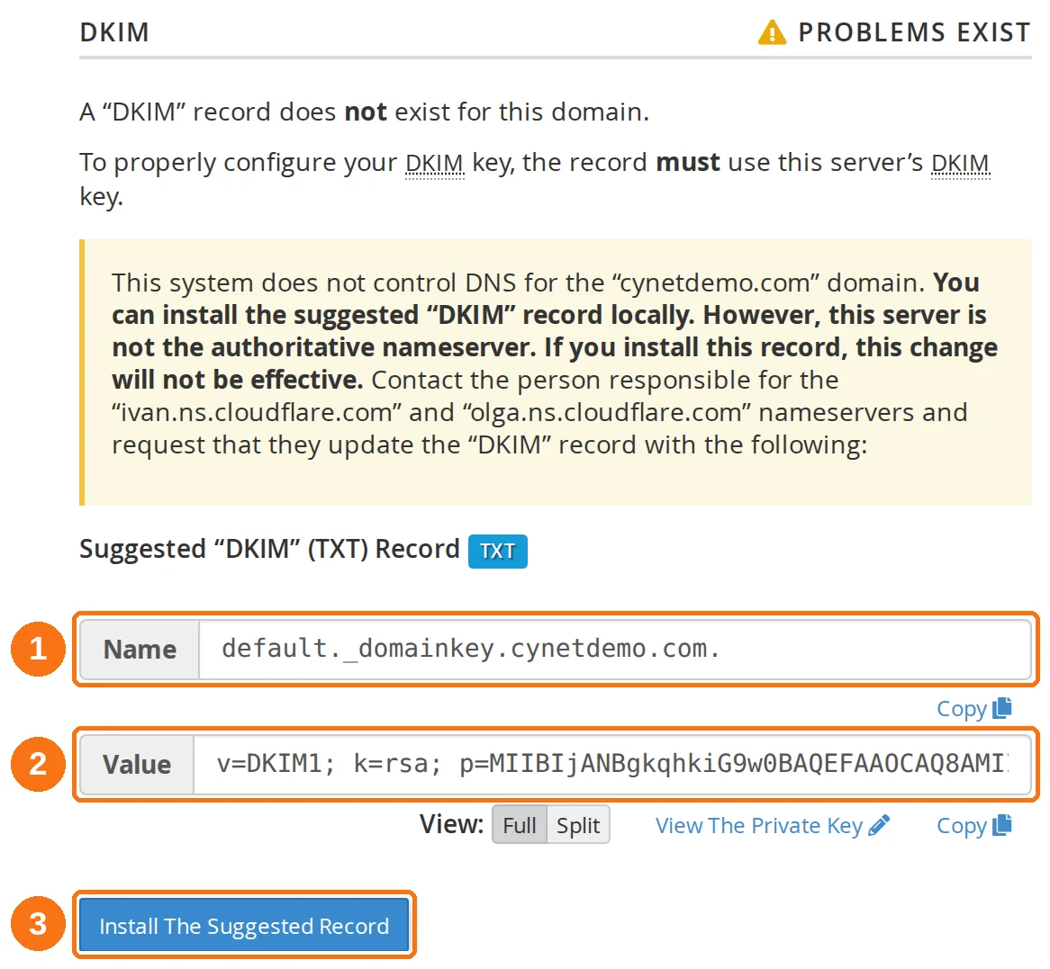 The cPanel Email Deliverability DKIM panel with the suggested TXT record name and value highlighted