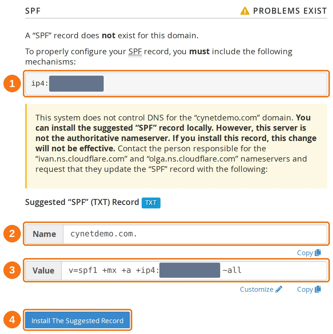 The cPanel Email Deliverability SPF panel with the required ip4 mechanism and the suggested TXT record highlighted