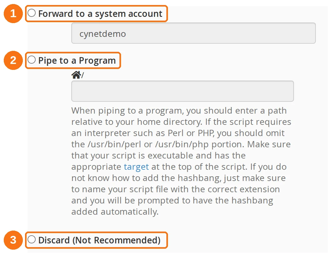 The Advanced Options section of the forwarder form showing the system account, pipe to a program and discard destinations