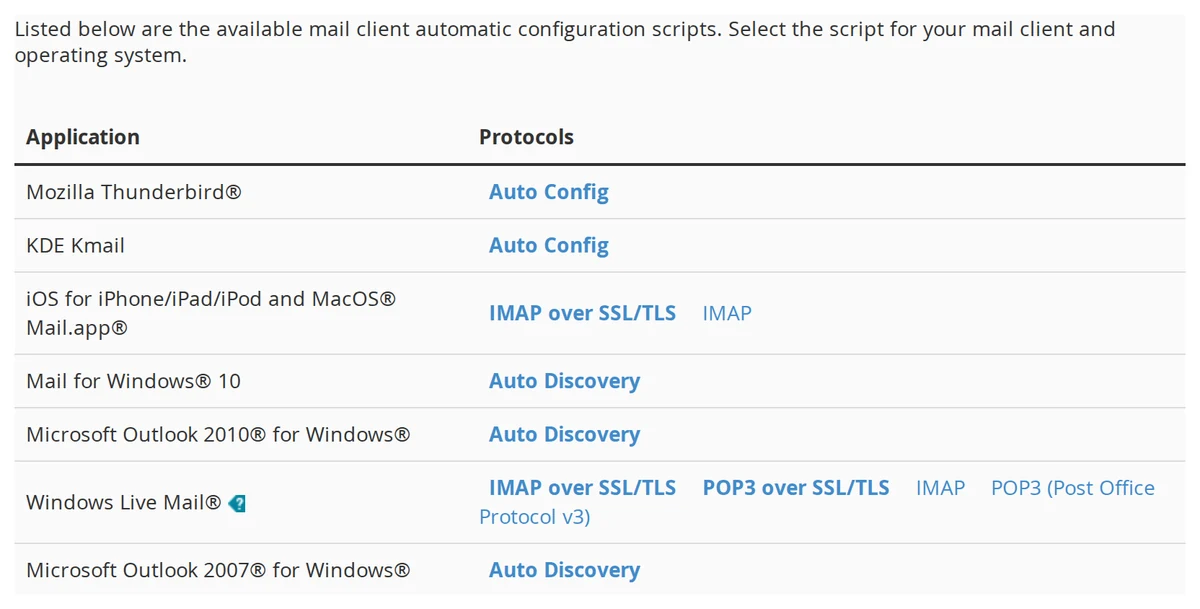 The mail client automatic configuration scripts table in cPanel, listing Thunderbird, KDE Kmail, iOS, Windows Mail and older Outlook versions