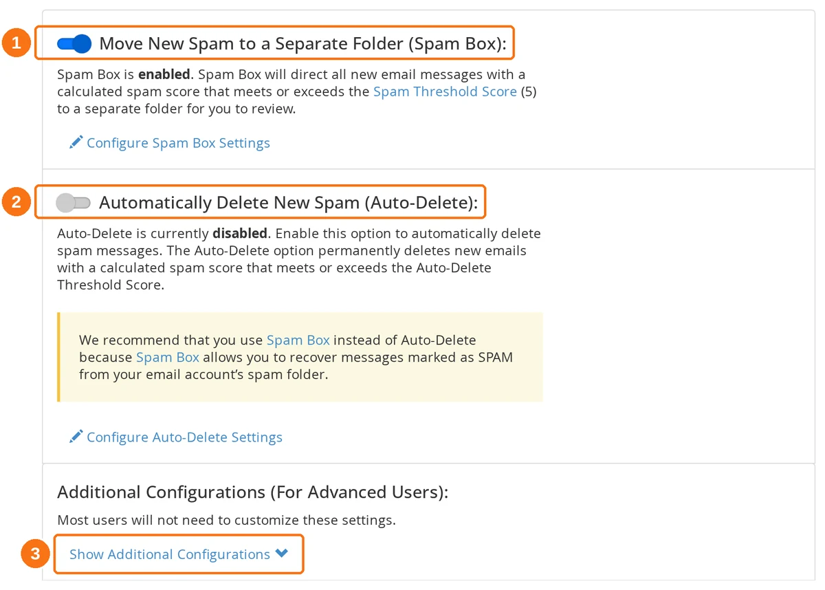 The cPanel Spam Filters overview with Spam Box, Auto-Delete and the Show Additional Configurations button highlighted