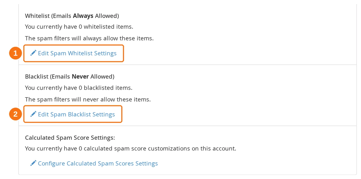 The additional configurations of cPanel Spam Filters showing the Whitelist, Blacklist and Calculated Spam Score sections