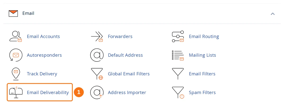The Email section of the cPanel dashboard with the Email Deliverability tool highlighted