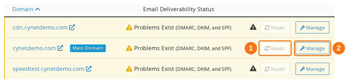 The cPanel Email Deliverability domain list showing a Problems Exist status with the Repair and Manage buttons
