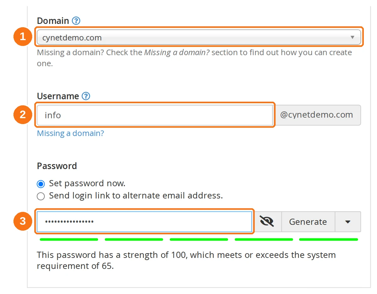 The Create an Email Account form with the Domain, Username and Password fields highlighted