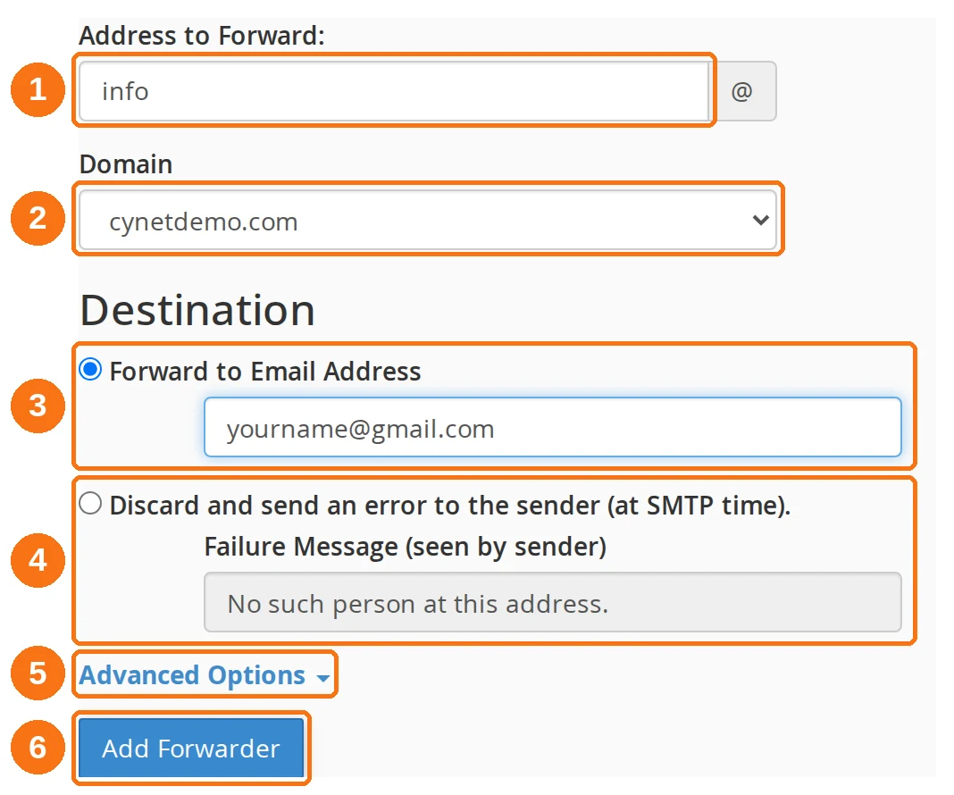 The Add a New Forwarder form with the address, domain, destination options, Advanced Options link and Add Forwarder button highlighted