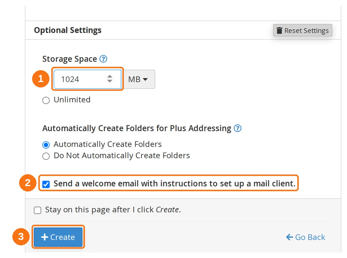 The Optional Settings panel showing the storage limit, welcome email checkbox and Create button