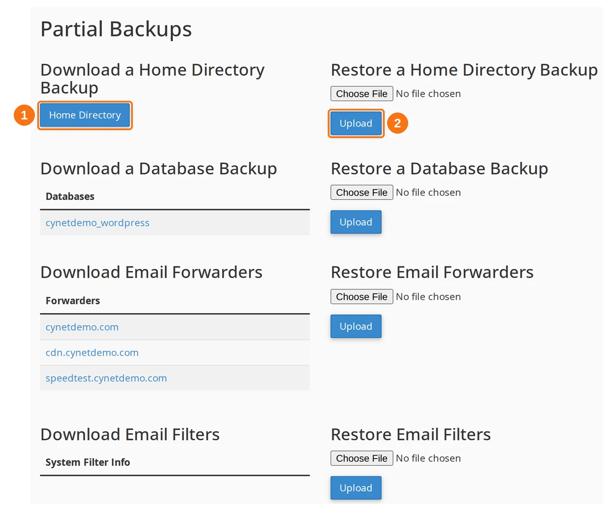 The Partial Backups section of the cPanel Backup page showing the download links and the matching upload restores
