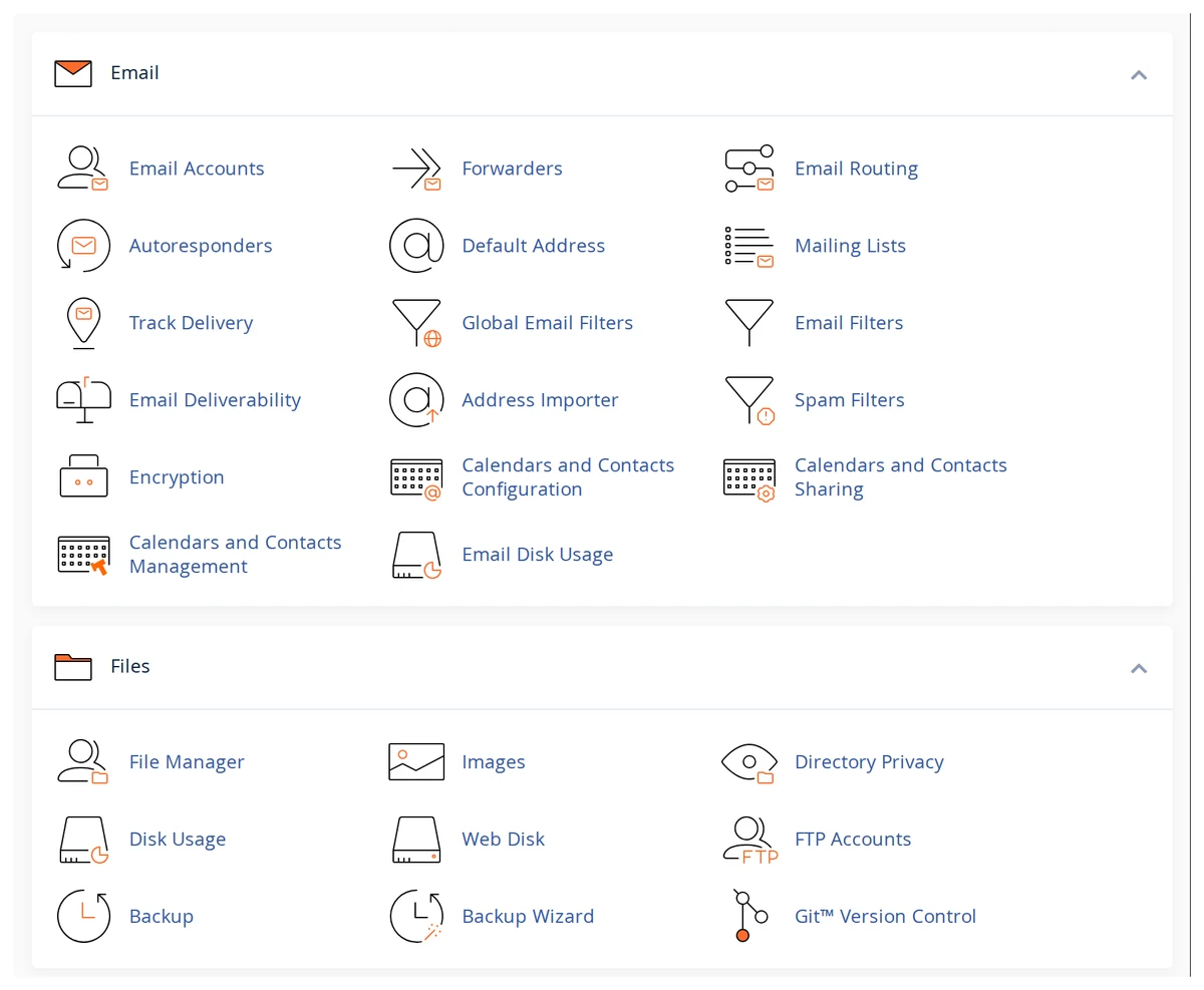 The cPanel dashboard showing the Email and Files tool groups