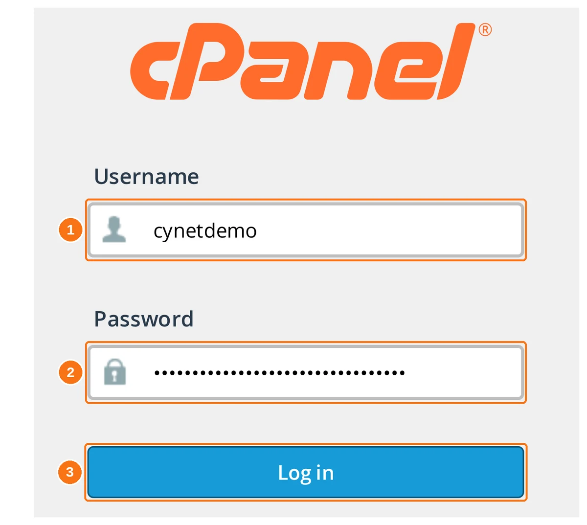 The cPanel login screen with the Username field, Password field and Log in button highlighted