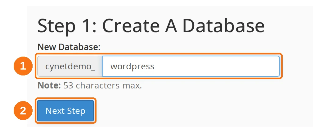 Step 1 of the cPanel Database Wizard, with the database name field and the Next Step button highlighted