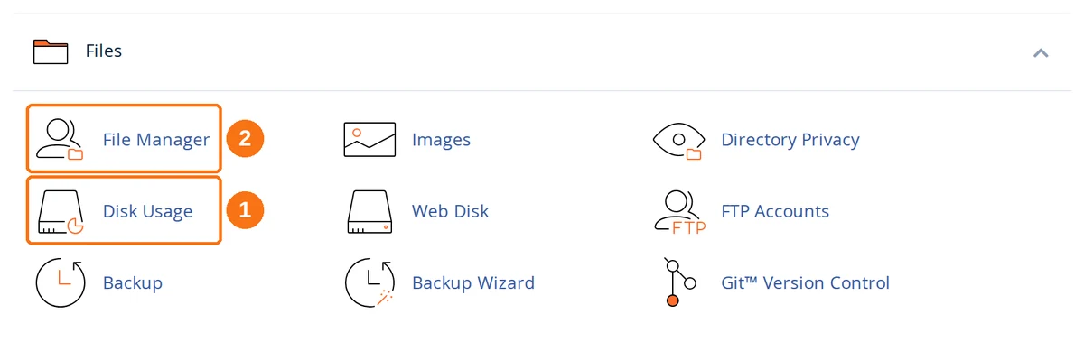 The Files section of the cPanel dashboard with the Disk Usage and File Manager tools highlighted