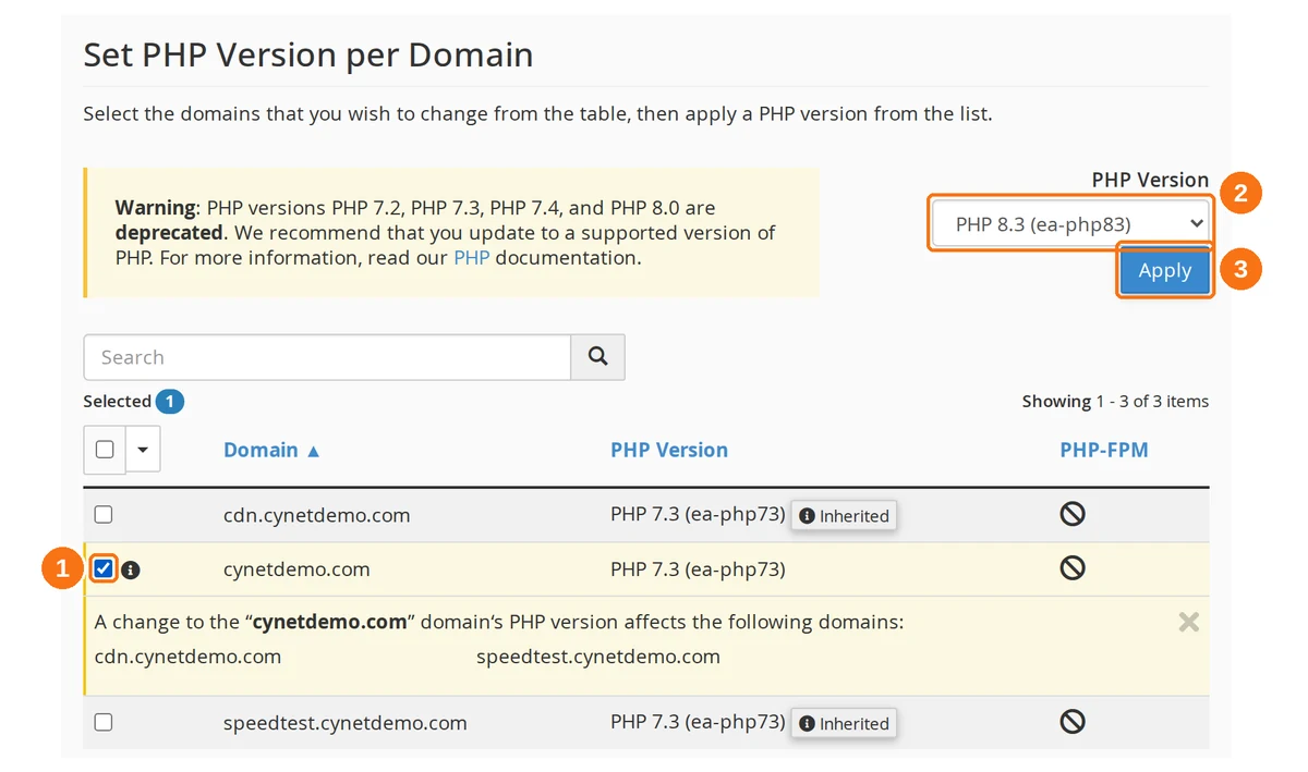 The Set PHP Version per Domain section, with a domain ticked in the table, the PHP Version dropdown and the Apply button highlighted