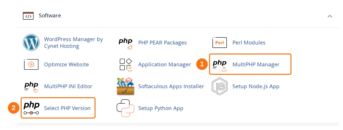 The Software section of the cPanel dashboard, with MultiPHP Manager and Select PHP Version highlighted