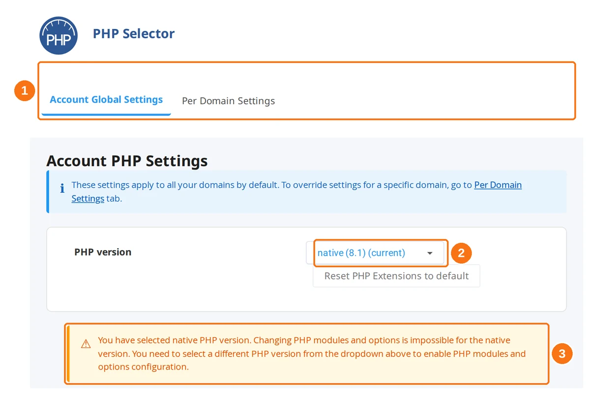 The PHP Selector on its Account Global Settings tab, with the tab bar, the PHP version dropdown and the native-version warning highlighted
