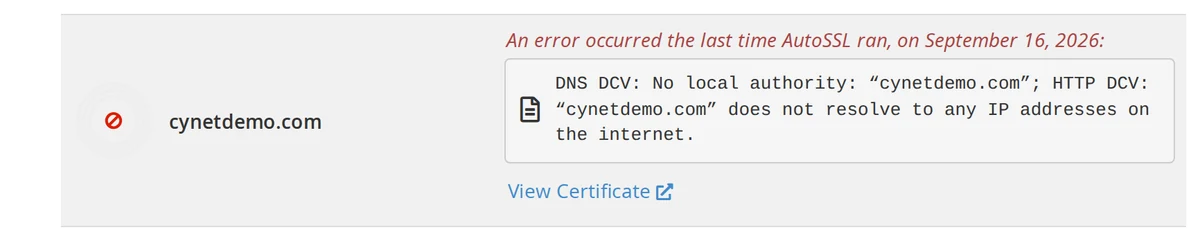 An SSL/TLS Status row showing an AutoSSL failure with the DCV error message from the last run