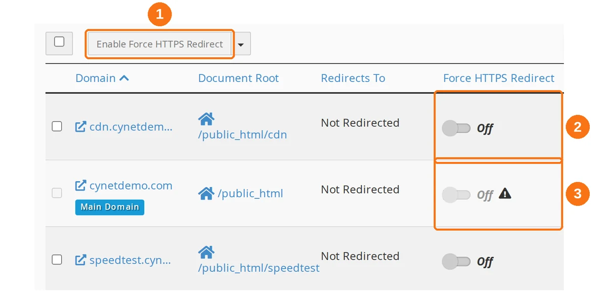 The cPanel Domains list showing the Force HTTPS Redirect column, an available toggle and one greyed out