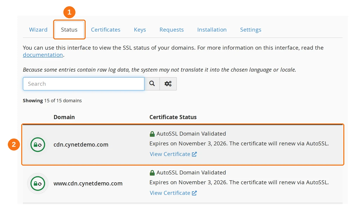 The SSL/TLS Certificates tool with the Status tab and a validated domain row highlighted