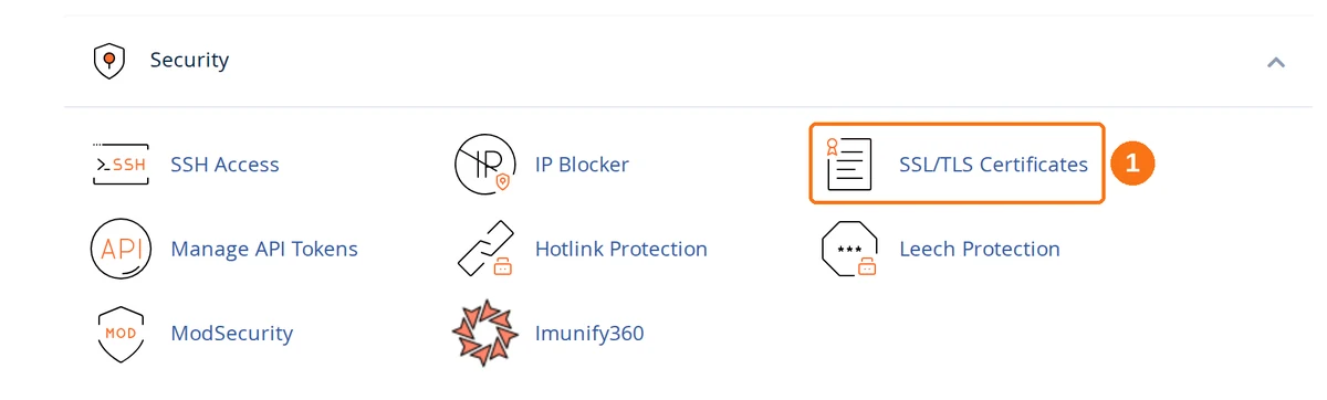 The Security section of the cPanel dashboard, with the SSL/TLS Certificates tool highlighted
