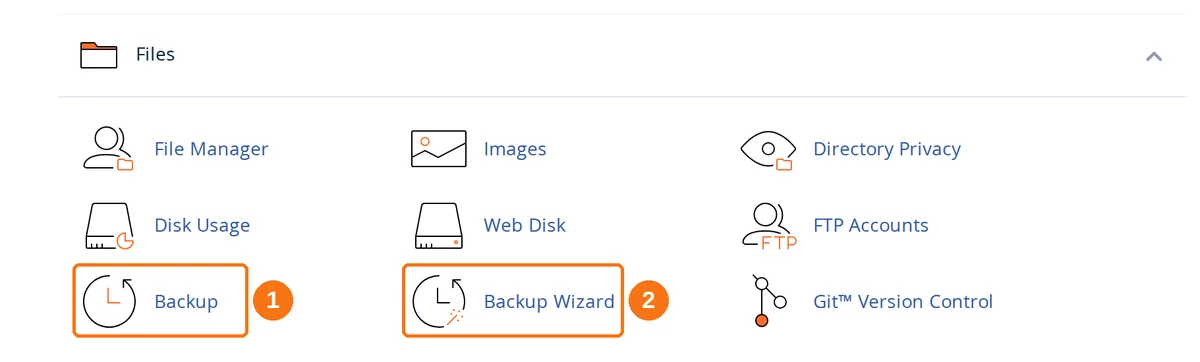 The Files section of the cPanel dashboard, with the Backup and Backup Wizard tools highlighted
