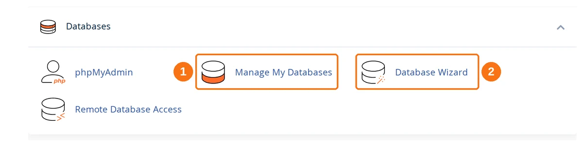The Databases section of the cPanel dashboard, with Manage My Databases and Database Wizard highlighted