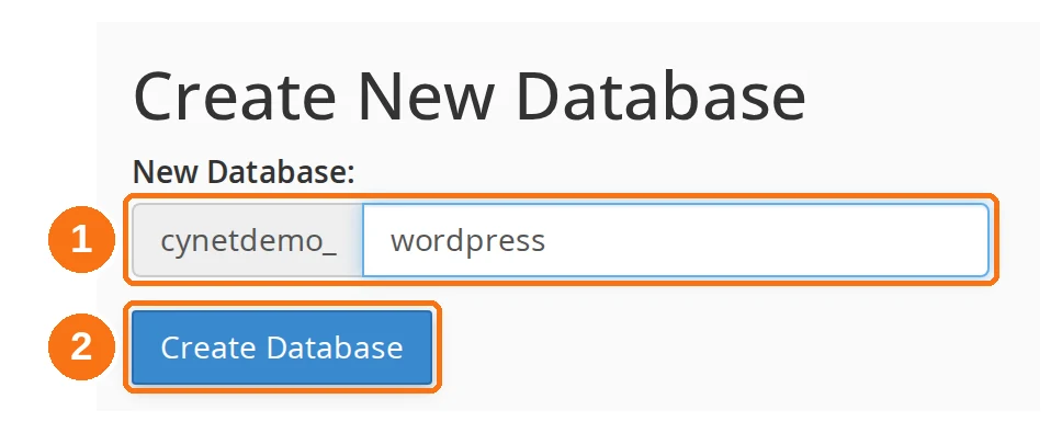 The Create New Database section, with the name field and the Create Database button highlighted