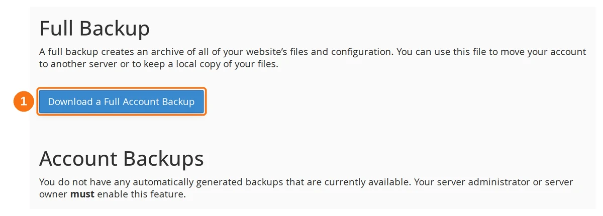 The Full Backup section of the cPanel Backup page with the Download a Full Account Backup button highlighted