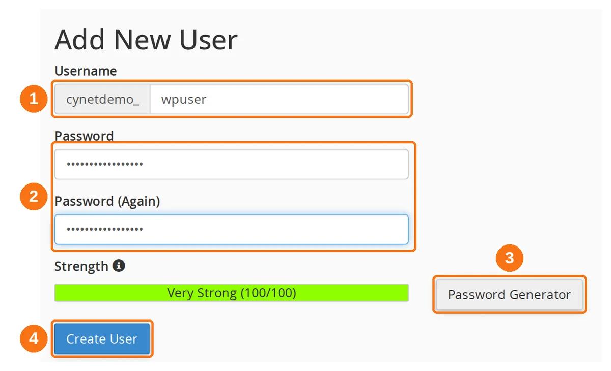 The Add New User form, with the username field, both password fields, the Password Generator button and the Create User button highlighted