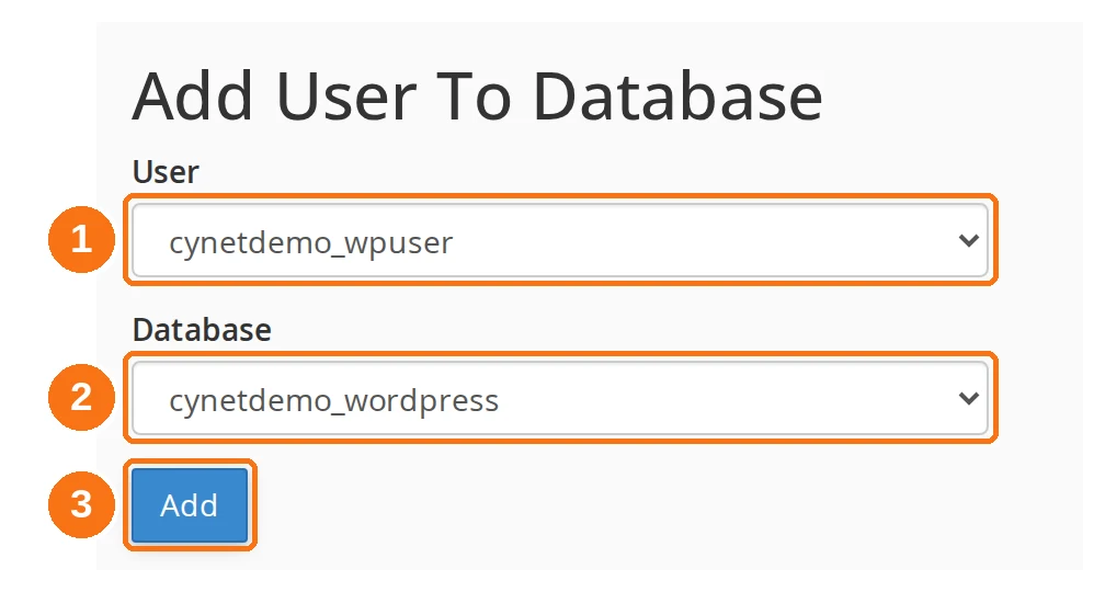 The Add User To Database section, with the User dropdown, the Database dropdown and the Add button highlighted
