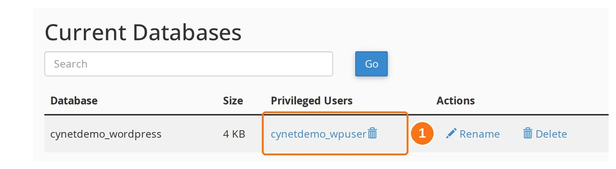 The Current Databases table showing the new database with its privileged user listed