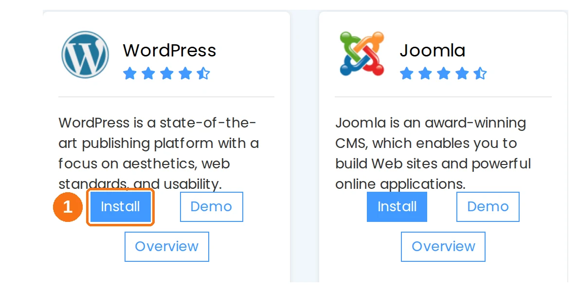 The Softaculous home page with the Install button on the WordPress card highlighted