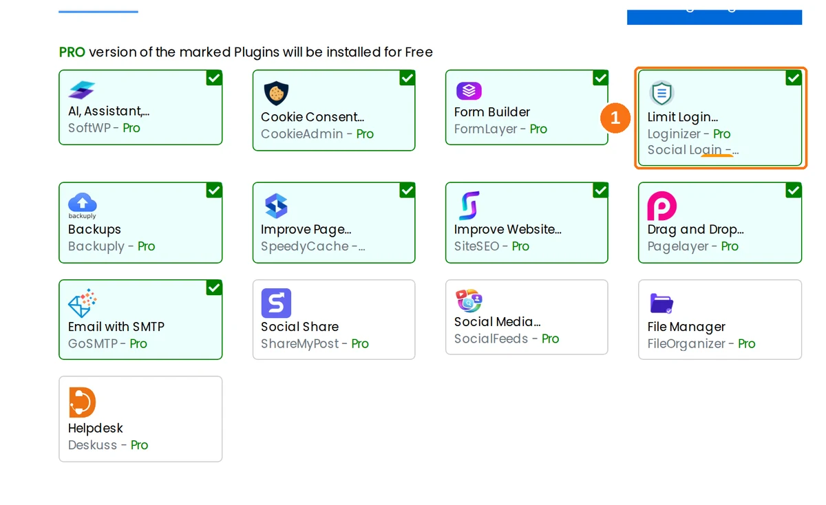 The Select Plugins panel, with most plugins already ticked and Limit Login Attempts highlighted