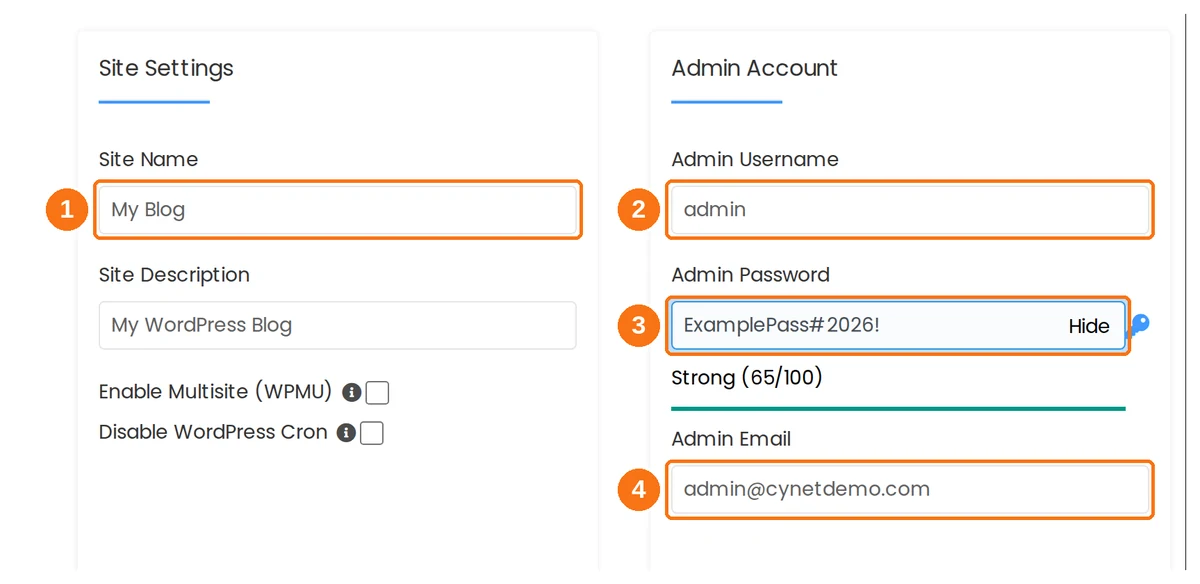 The Site Settings and Admin Account panels with the site name, admin username, password and email highlighted