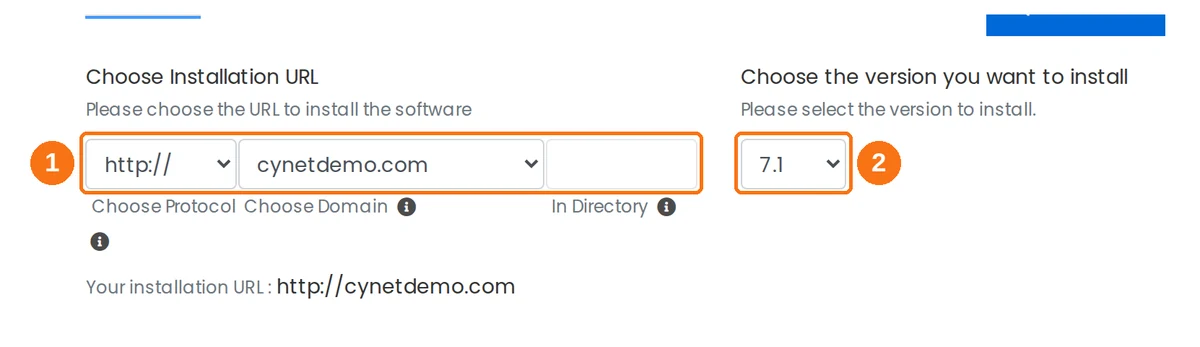 The Software Setup panel showing the protocol, domain, directory and version fields
