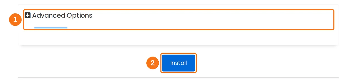 The Advanced Options section and the Install button at the bottom of the form
